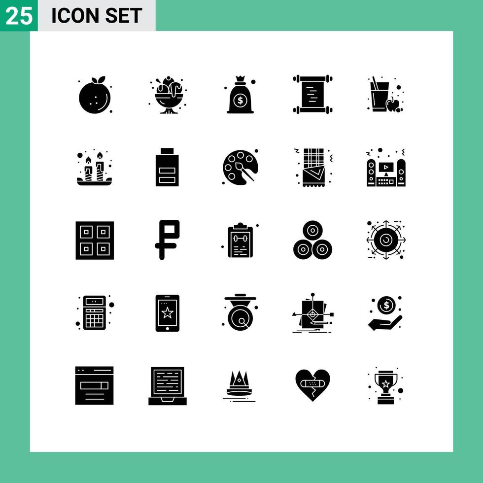 Solid Glyph Pack of 25 Universal Symbols of fruit juice manuscript party log bag Editable Vector Design Elements