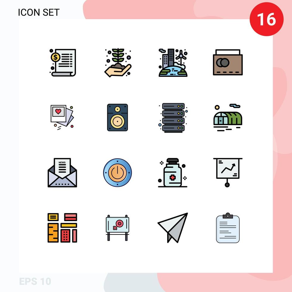 Modern Set of 16 Flat Color Filled Lines Pictograph of photo summer energy handbag beach Editable Creative Vector Design Elements