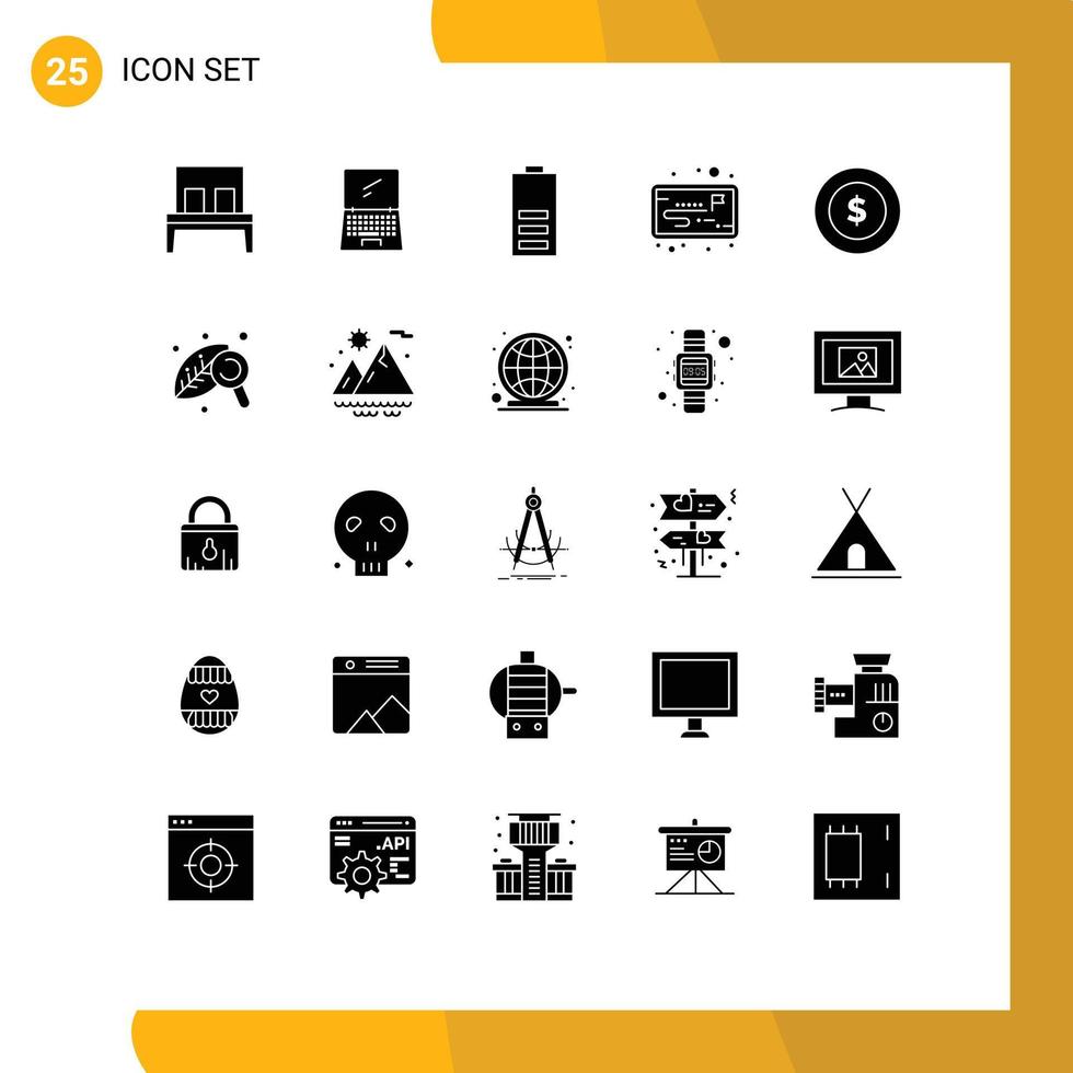 Modern Set of 25 Solid Glyphs Pictograph of dollar coin strategy mobile project energy Editable Vector Design Elements
