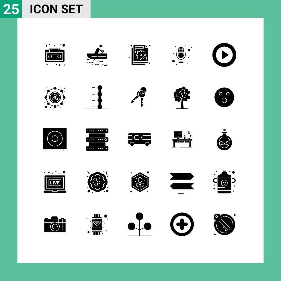 Group of 25 Modern Solid Glyphs Set for creative voice analysis recording graph Editable Vector Design Elements