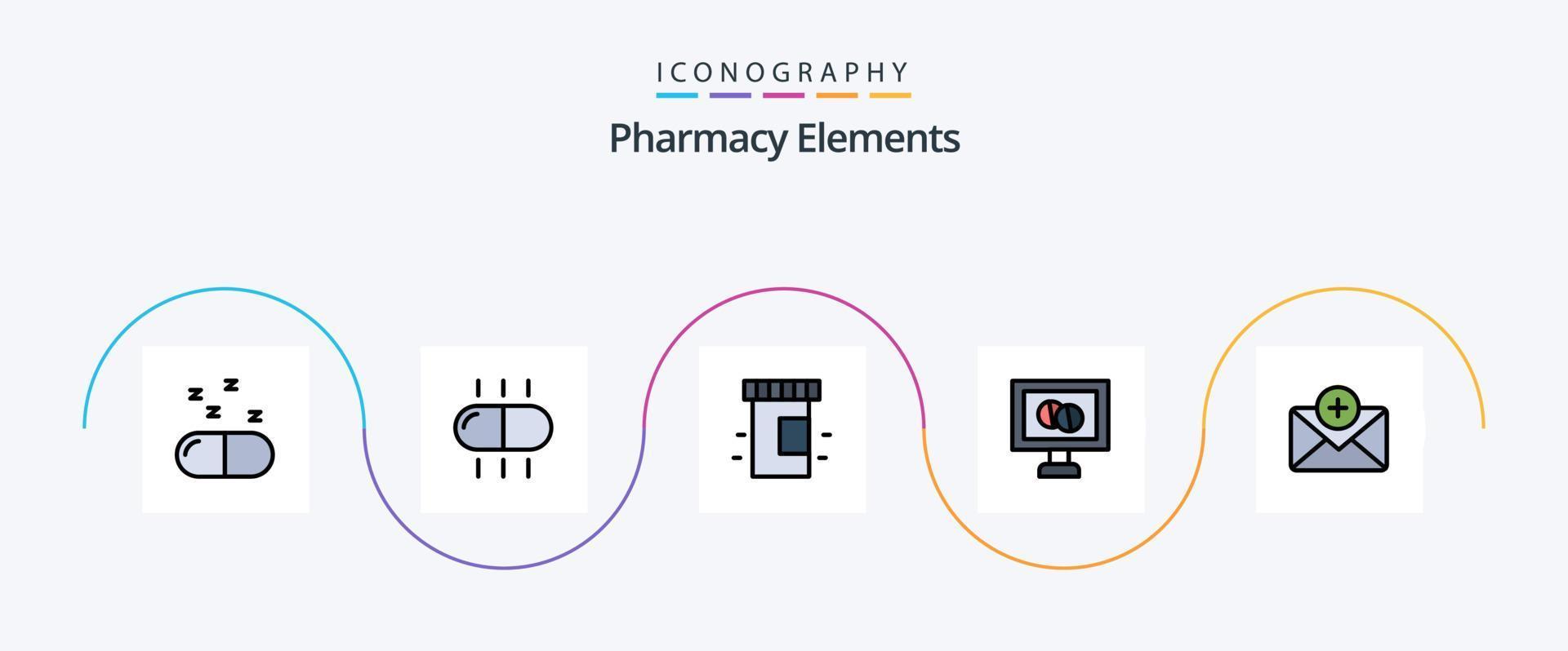 Pharmacy Elements Line Filled Flat 5 Icon Pack Including . tablet. vector