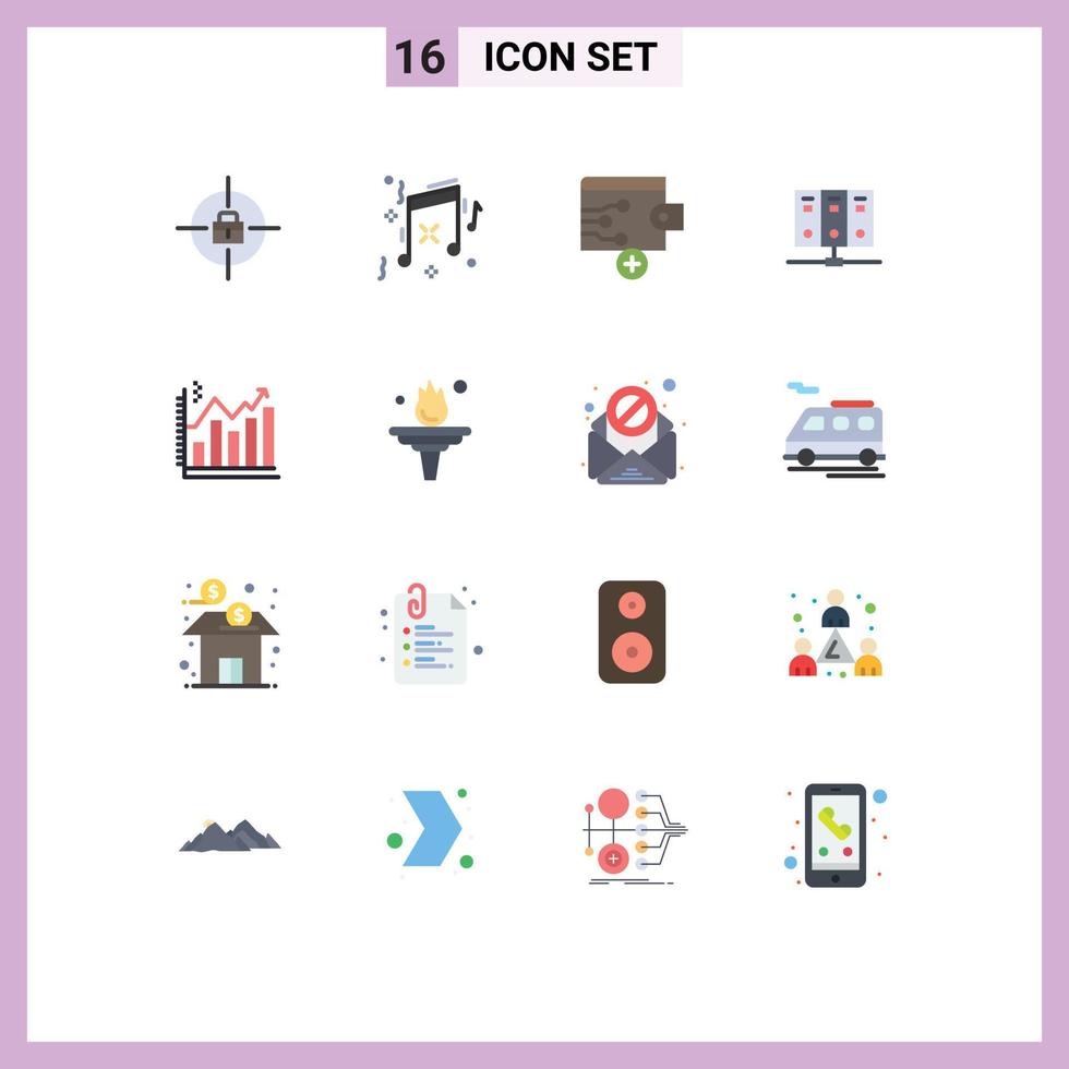 Flat Color Pack of 16 Universal Symbols of graph business wallet analytics database Editable Pack of Creative Vector Design Elements