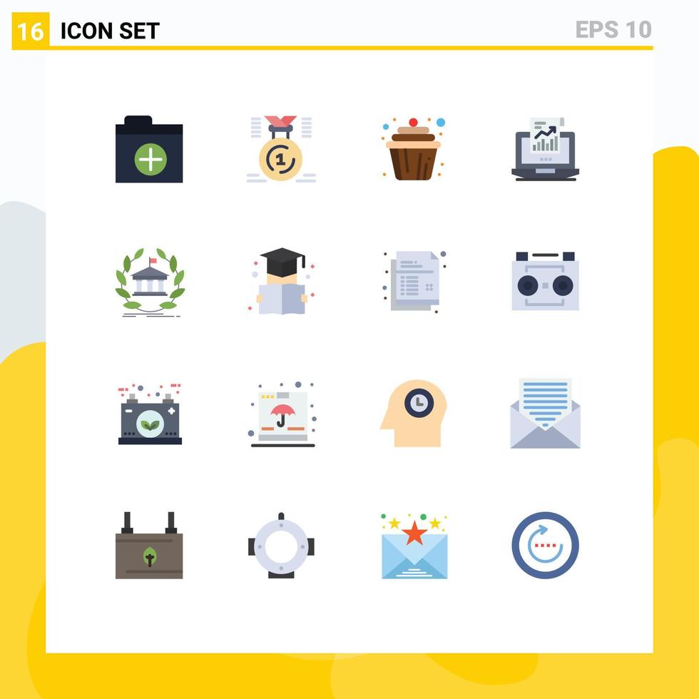Modern Set of 16 Flat Colors and symbols such as bank laptop cupcake sales analytics Editable Pack of Creative Vector Design Elements