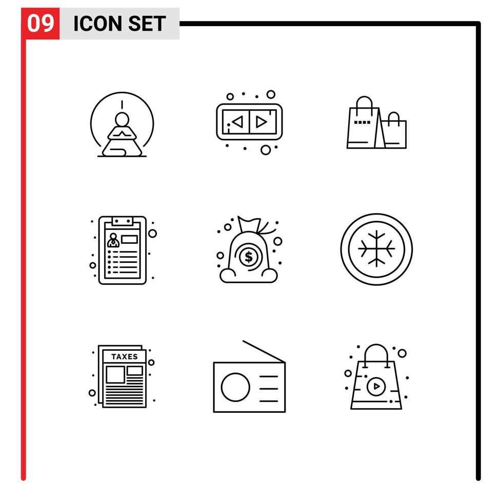 Universal Icon Symbols Group of 9 Modern Outlines of money bag bag resume cv Editable Vector Design Elements