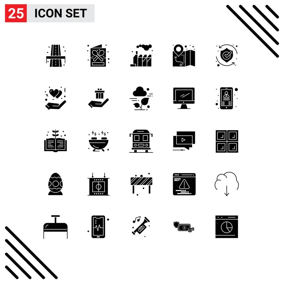 Pack of 25 creative Solid Glyphs of security protect shop map gps Editable Vector Design Elements