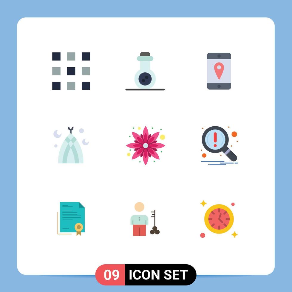 Group of 9 Flat Colors Signs and Symbols for notification find islamic floral flower Editable Vector Design Elements