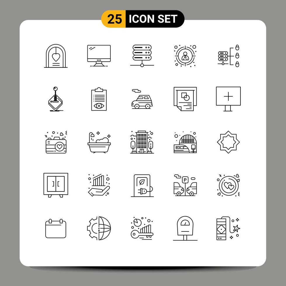 Pack of 25 creative Lines of secure web server target customer imac target server Editable Vector Design Elements