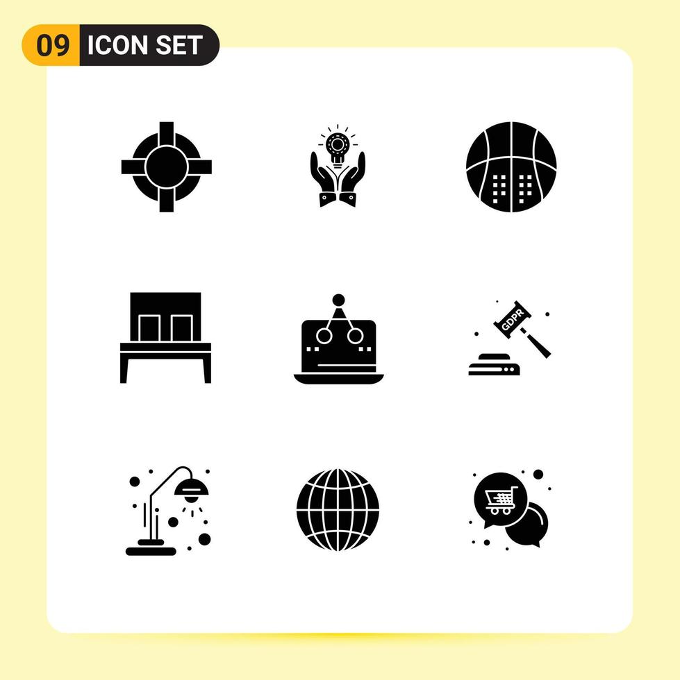 Modern Set of 9 Solid Glyphs Pictograph of sleep furniture marketing bed game Editable Vector Design Elements
