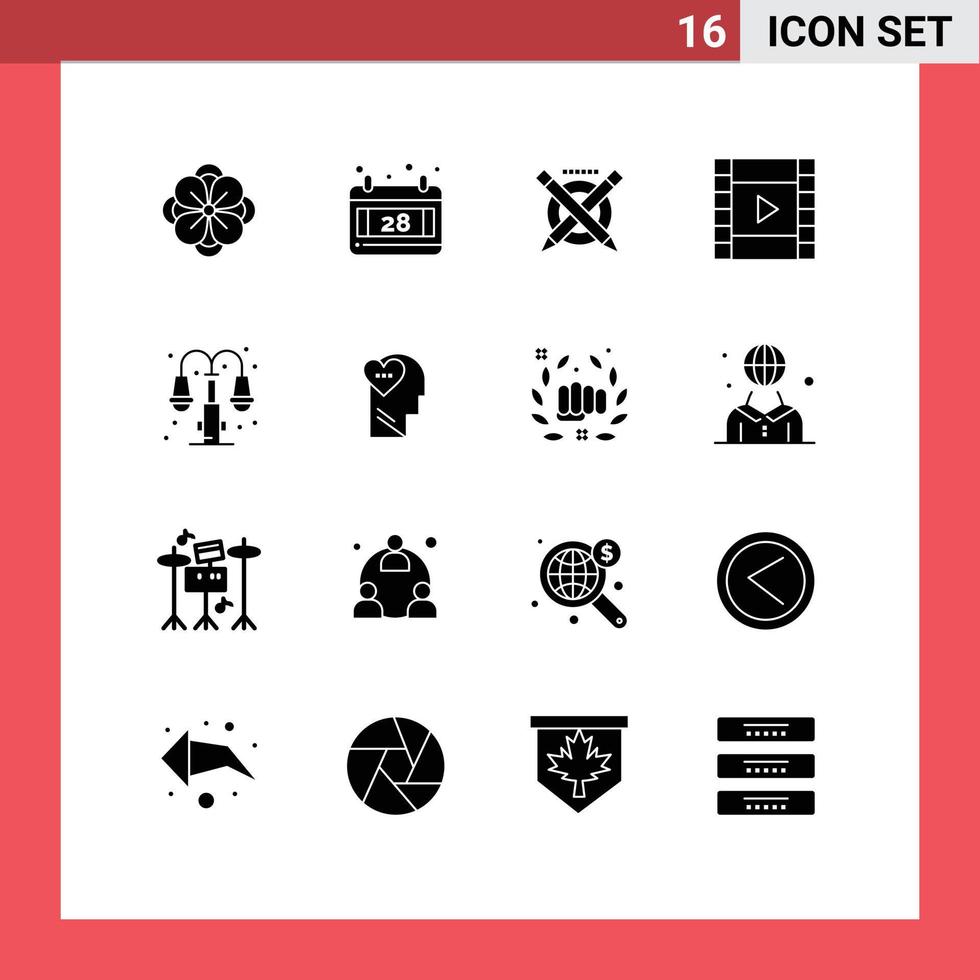 Group of 16 Modern Solid Glyphs Set for lump life education city media Editable Vector Design Elements