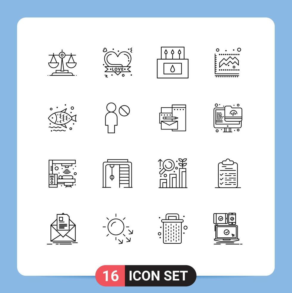 16 Universal Outline Signs Symbols of sea fish camp statistics graph Editable Vector Design Elements