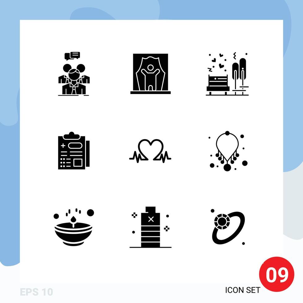 9 User Interface Solid Glyph Pack of modern Signs and Symbols of report healthcare film artist tree bench Editable Vector Design Elements