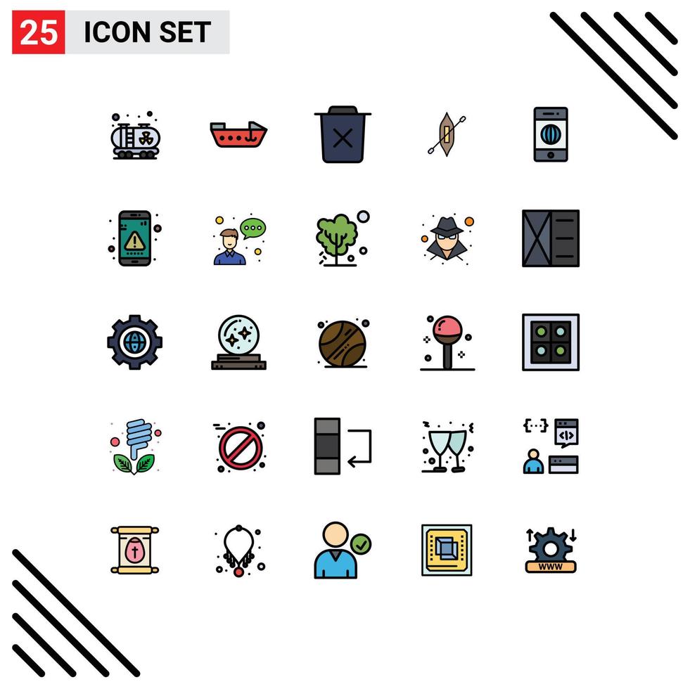 Pack of 25 Modern Filled line Flat Colors Signs and Symbols for Web Print Media such as internet connection delete ship canoe Editable Vector Design Elements