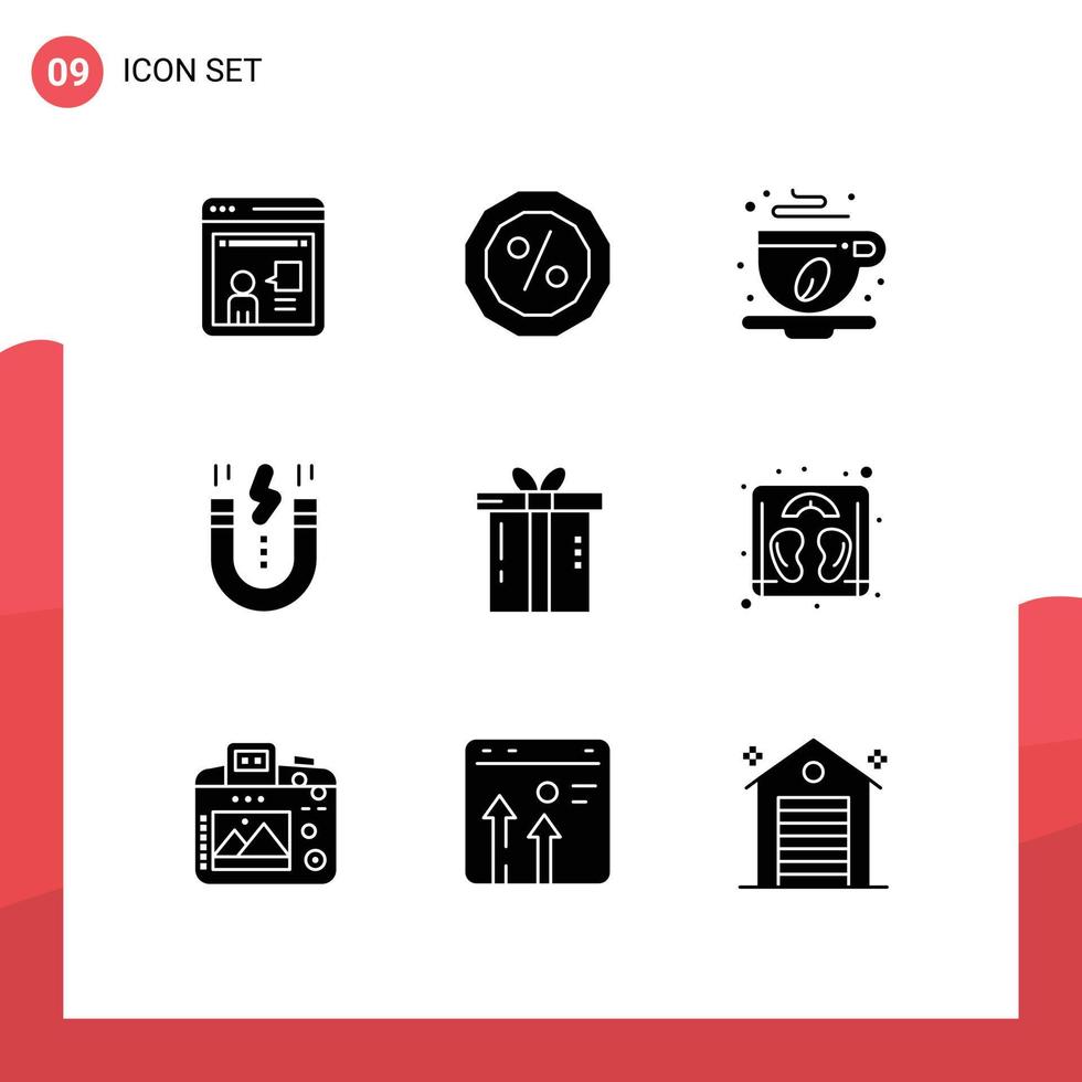 User Interface Pack of 9 Basic Solid Glyphs of gift snap cafe magnet design Editable Vector Design Elements