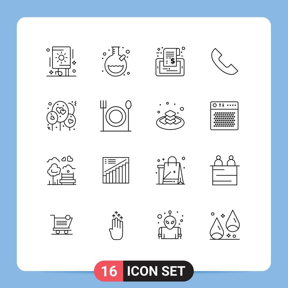 Group of 16 Outlines Signs and Symbols for heart mobile mobile telephone call Editable Vector Design Elements