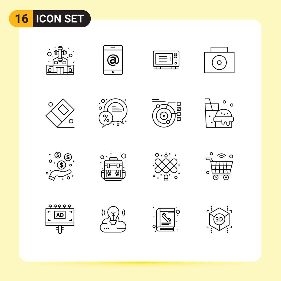 Pack of 16 Modern Outlines Signs and Symbols for Web Print Media such as chat stationary home eraser suitcase Editable Vector Design Elements