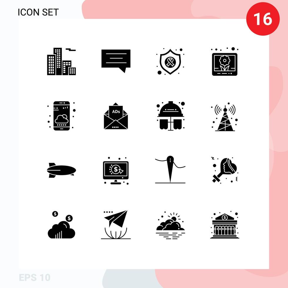 16 Universal Solid Glyphs Set for Web and Mobile Applications ad weather shield smartphone pictures Editable Vector Design Elements