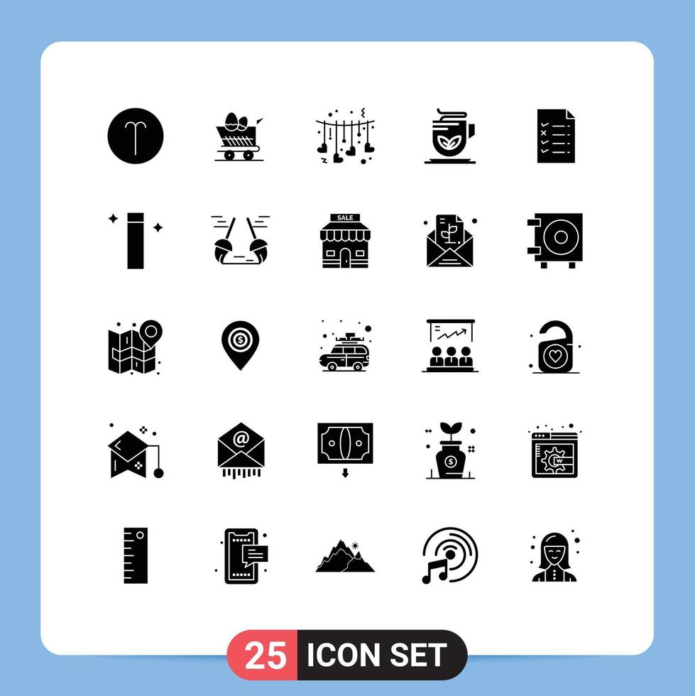 Group of 25 Modern Solid Glyphs Set for file wellness hanging tea cup Editable Vector Design Elements