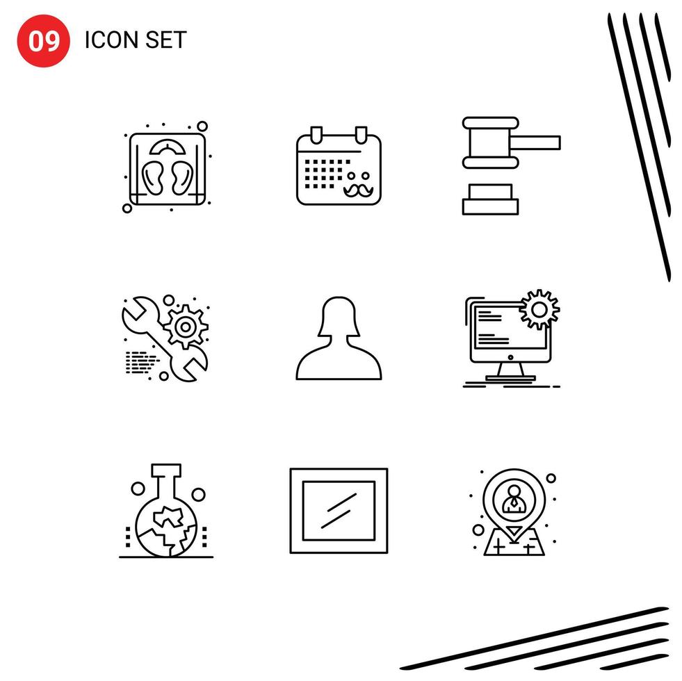 Set of 9 Vector Outlines on Grid for woman avatar hammer gear setting Editable Vector Design Elements