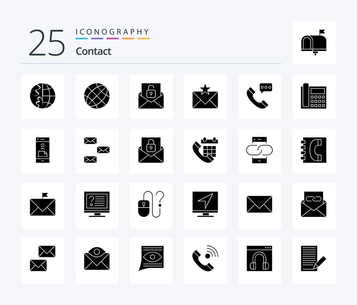 Contact 25 Solid Glyph icon pack including contact us. communication. unlock. call. favorites vector