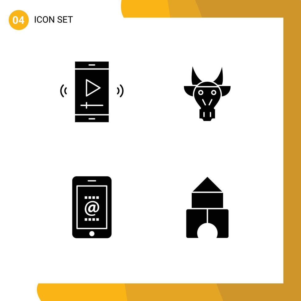 4 User Interface Solid Glyph Pack of modern Signs and Symbols of film skull video player animals mail Editable Vector Design Elements