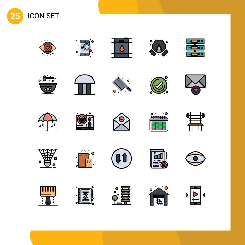 Group of 25 Modern Filled line Flat Colors Set for storage server barrel waste mask Editable Vector Design Elements