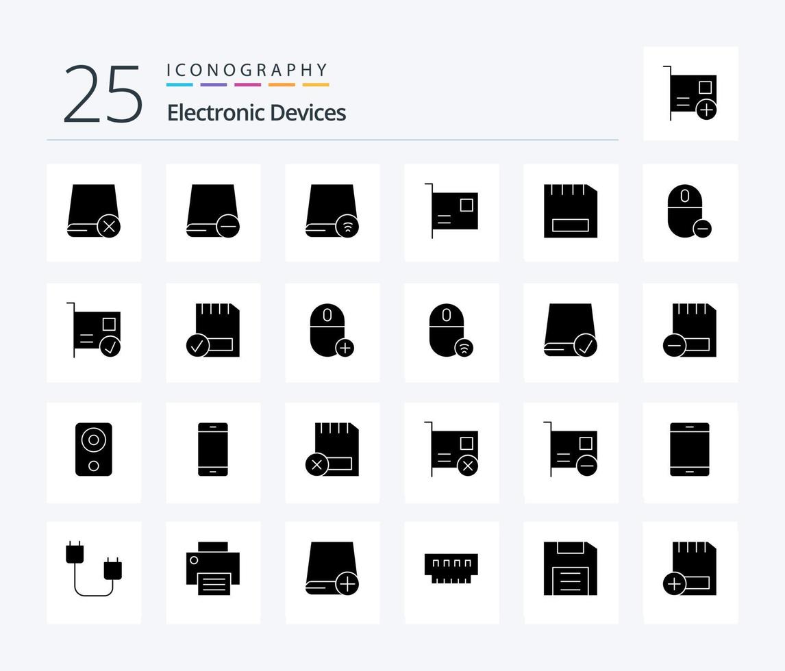 dispositivos 25 sólido glifo icono paquete incluso conectado. tarjeta. artilugio. eliminar. hardware vector