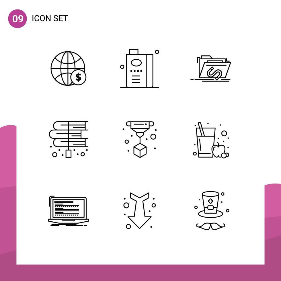 Pack of 9 creative Outlines of education book fruit software file Editable Vector Design Elements