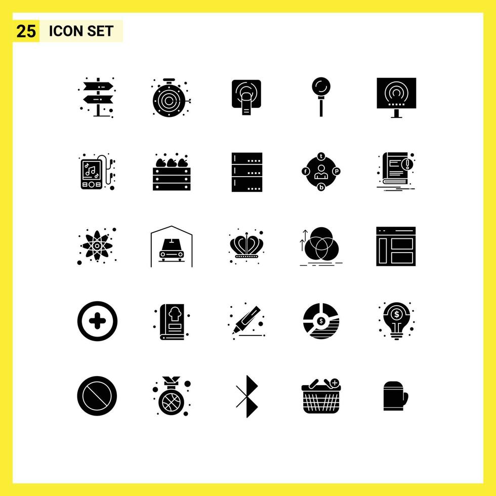 Modern Set of 25 Solid Glyphs Pictograph of radio desktop tuch lollipop food Editable Vector Design Elements