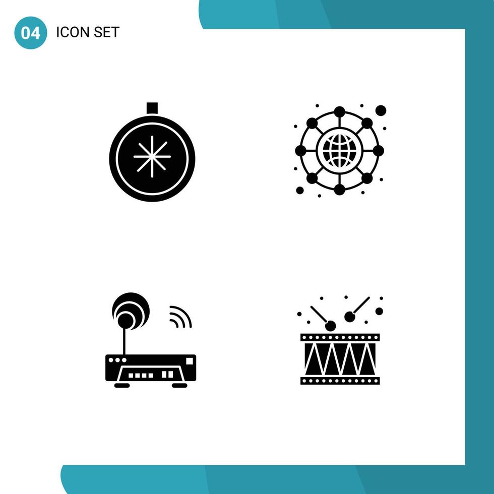 Pack of 4 Modern Solid Glyphs Signs and Symbols for Web Print Media such as compass router open network drum Editable Vector Design Elements
