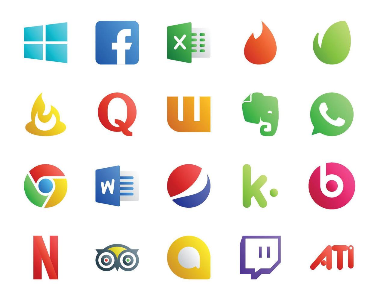 20 social medios de comunicación icono paquete incluso tripadvisor late píldora Wattpad kik palabra vector