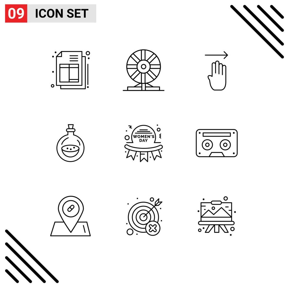 Pack of 9 Modern Outlines Signs and Symbols for Web Print Media such as happy spray finger toilette perfume Editable Vector Design Elements