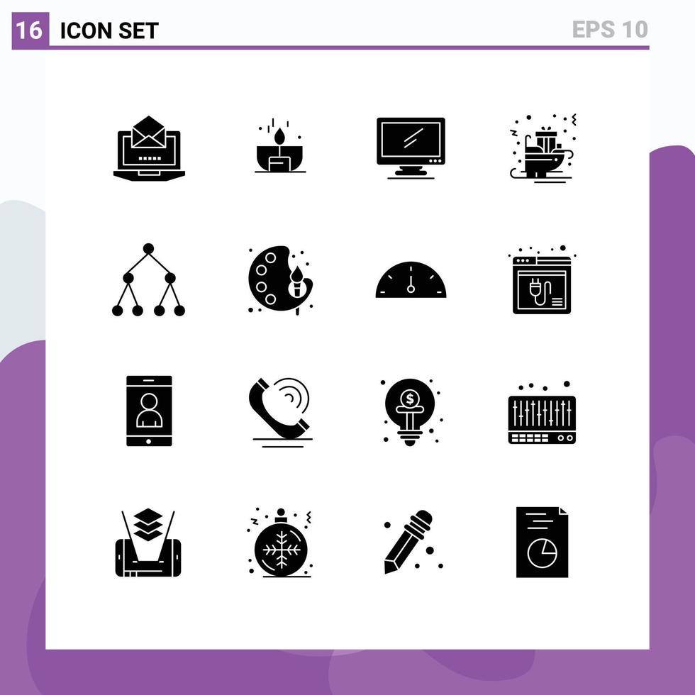 Mobile Interface Solid Glyph Set of 16 Pictograms of sled gifts shine carriage imac Editable Vector Design Elements