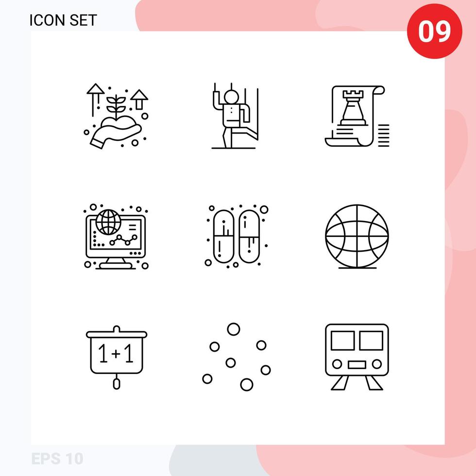 Group of 9 Modern Outlines Set for shopping graph document finance fort Editable Vector Design Elements