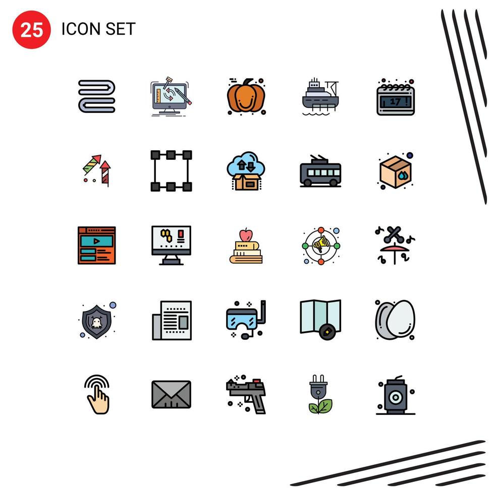 Pack of 25 Modern Filled line Flat Colors Signs and Symbols for Web Print Media such as day construction pumpkin cargo ship Editable Vector Design Elements