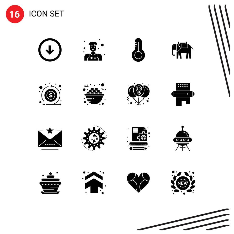 Group of 16 Modern Solid Glyphs Set for investment cash science indian animal Editable Vector Design Elements