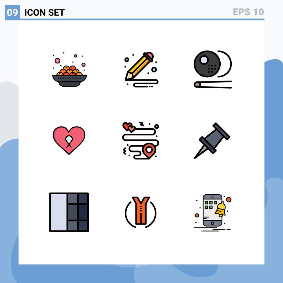 9 User Interface Filledline Flat Color Pack of modern Signs and Symbols of location patient billiards romance heart Editable Vector Design Elements