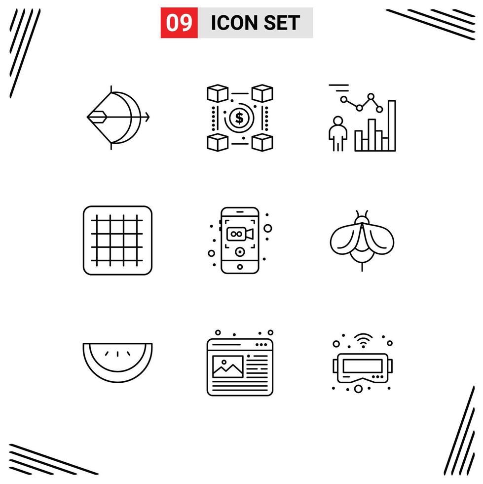 Pack of 9 creative Outlines of camera gird pp person efficiency Editable Vector Design Elements