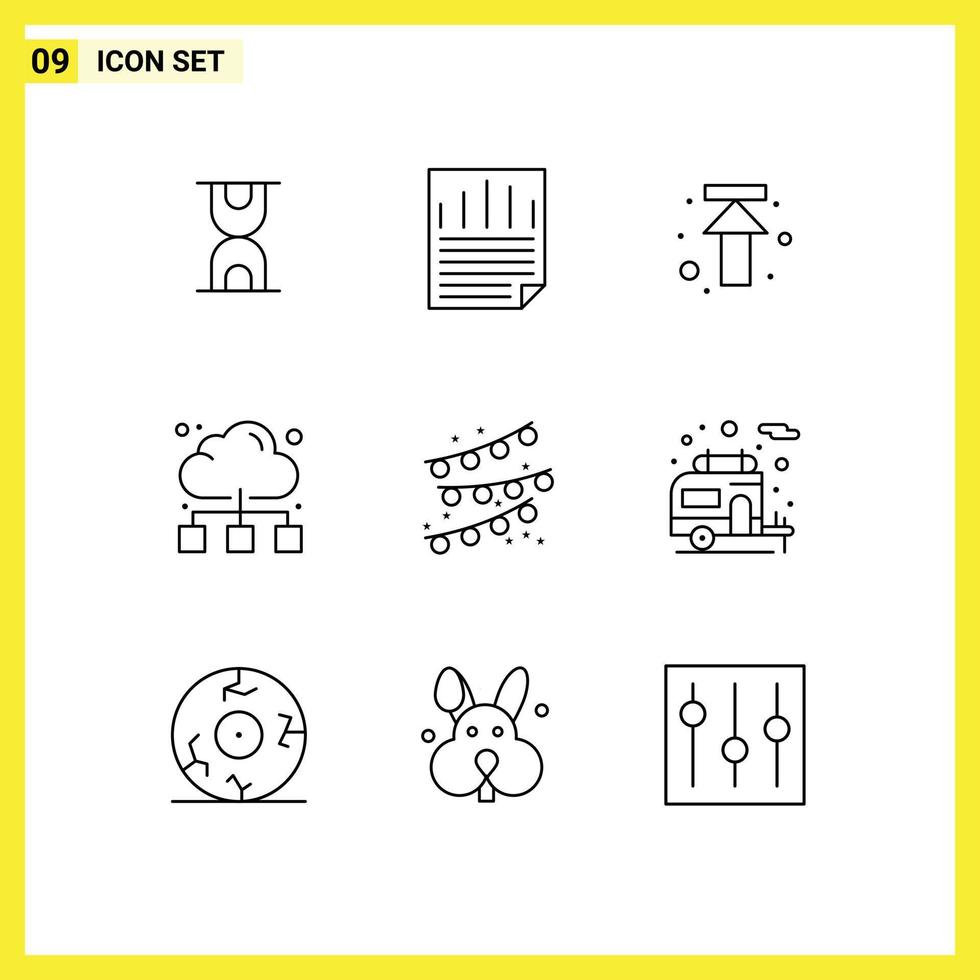 Outline Pack of 9 Universal Symbols of party bulb buntings arrows internet network Editable Vector Design Elements