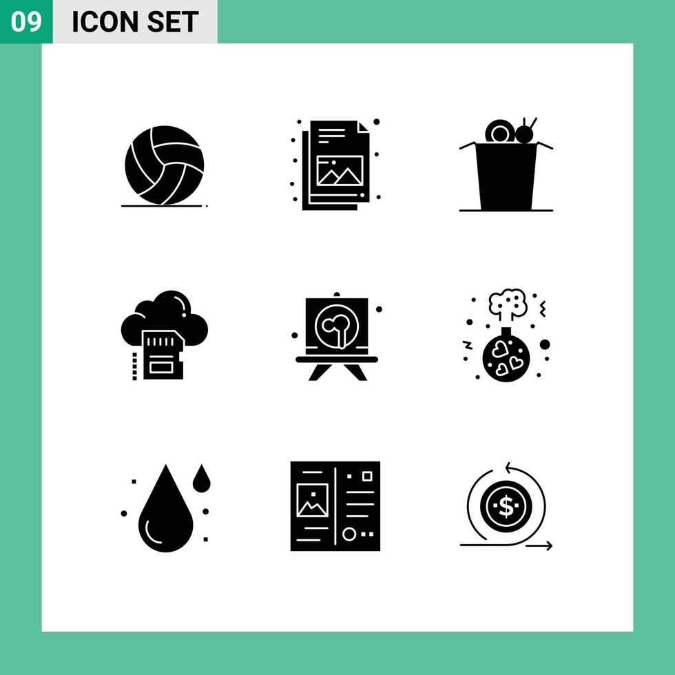 Pack of 9 creative Solid Glyphs of stationery drawing food archive data Editable Vector Design Elements