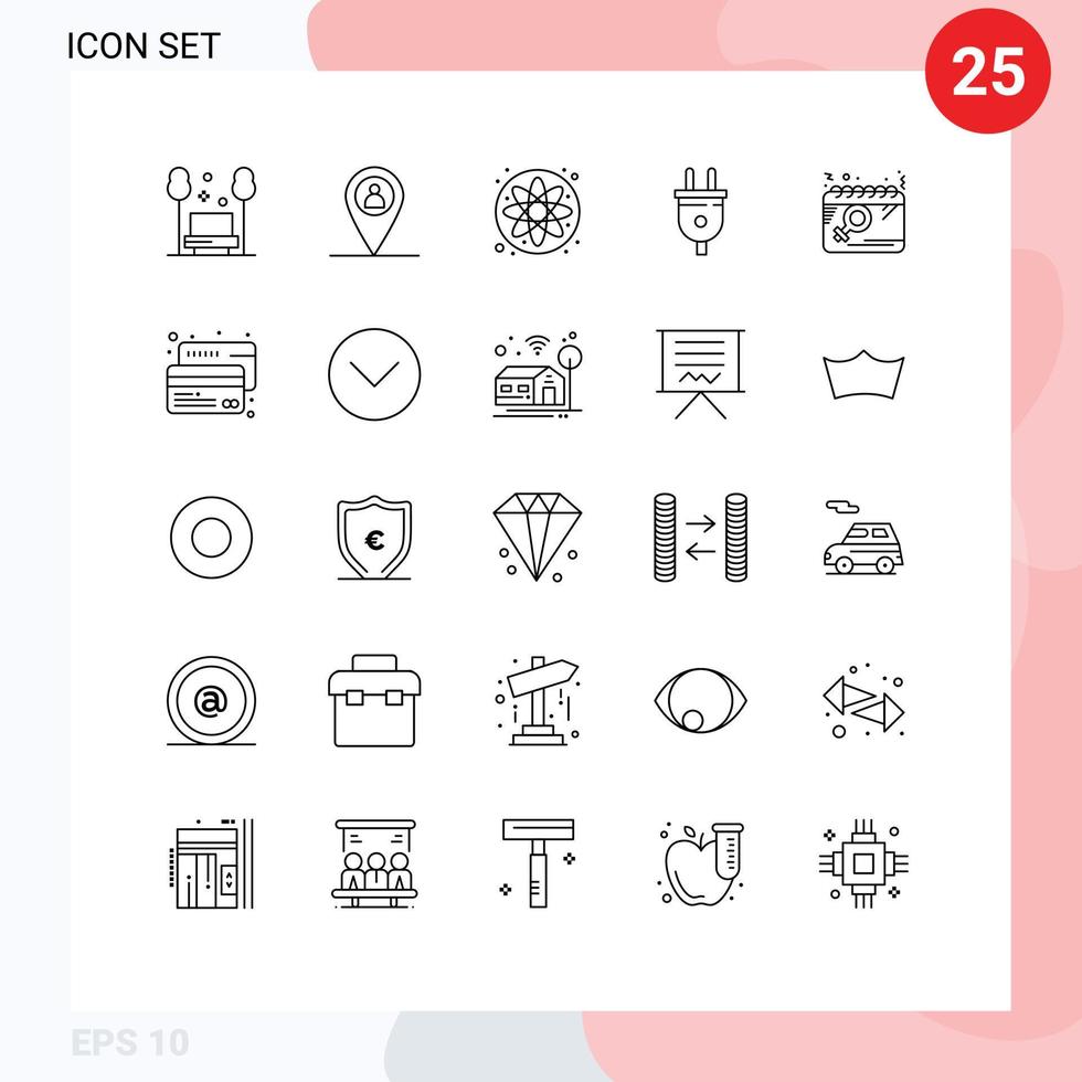 Set of 25 Modern UI Icons Symbols Signs for plan calendar atom power plug plug Editable Vector Design Elements