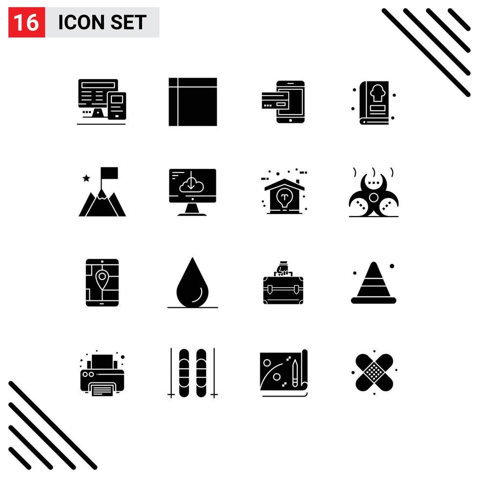 Modern Set of 16 Solid Glyphs Pictograph of book money house mobile card Editable Vector Design Elements