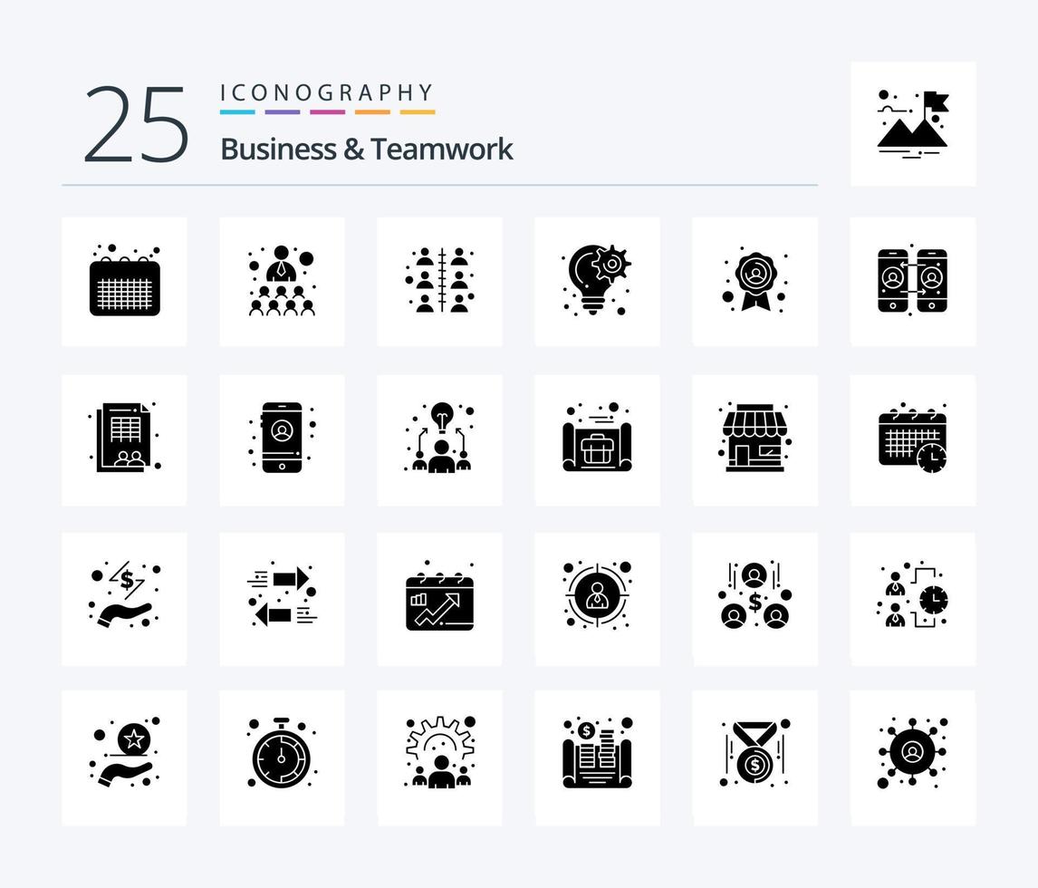 Business And Teamwork 25 Solid Glyph icon pack including call forwarding. quality badge. work. badge. planning vector