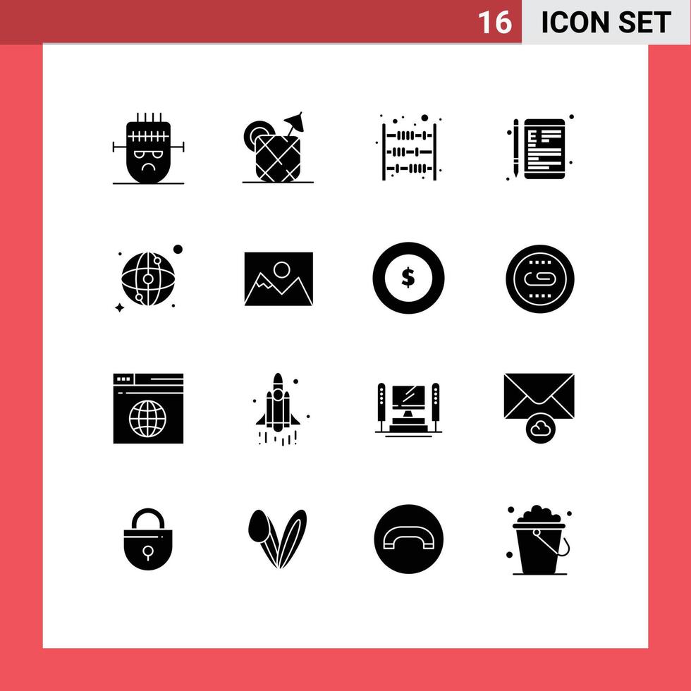 Pack of 16 Modern Solid Glyphs Signs and Symbols for Web Print Media such as education e counter device payment Editable Vector Design Elements