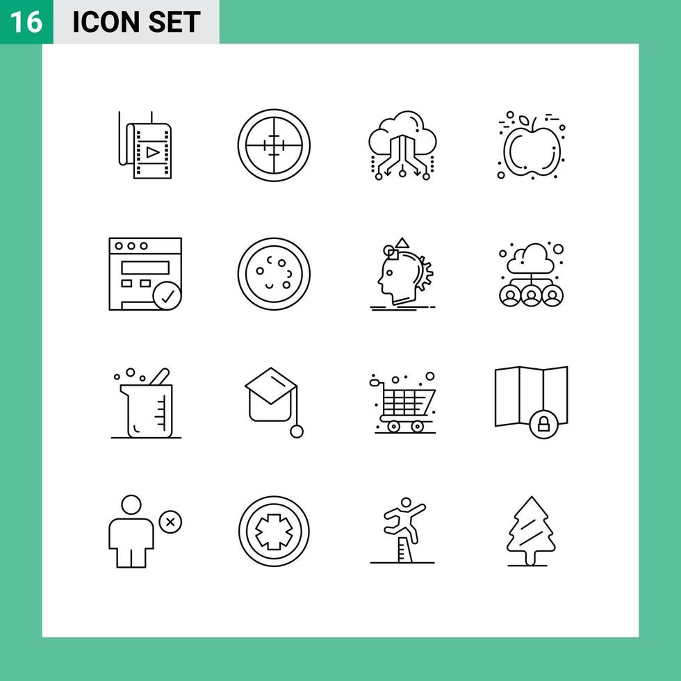 Set of 16 Modern UI Icons Symbols Signs for browser fruit target apple network Editable Vector Design Elements