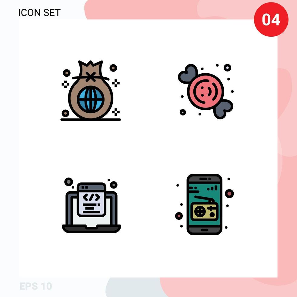 Mobile Interface Filledline Flat Color Set of 4 Pictograms of bag coding global dessert html coding Editable Vector Design Elements