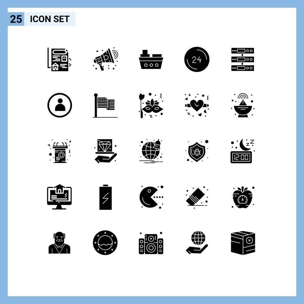 Group of 25 Modern Solid Glyphs Set for data contact us marine contact call Editable Vector Design Elements