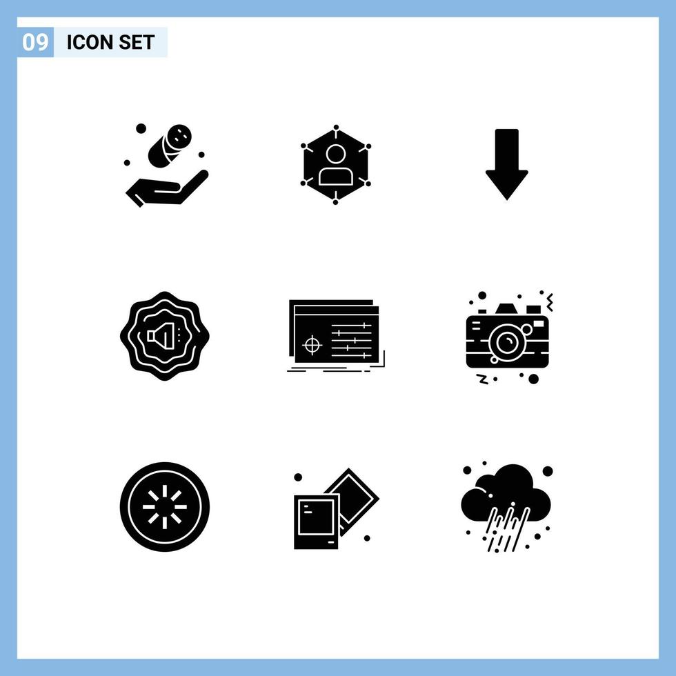 Universal Icon Symbols Group of 9 Modern Solid Glyphs of processing file social accustic down Editable Vector Design Elements