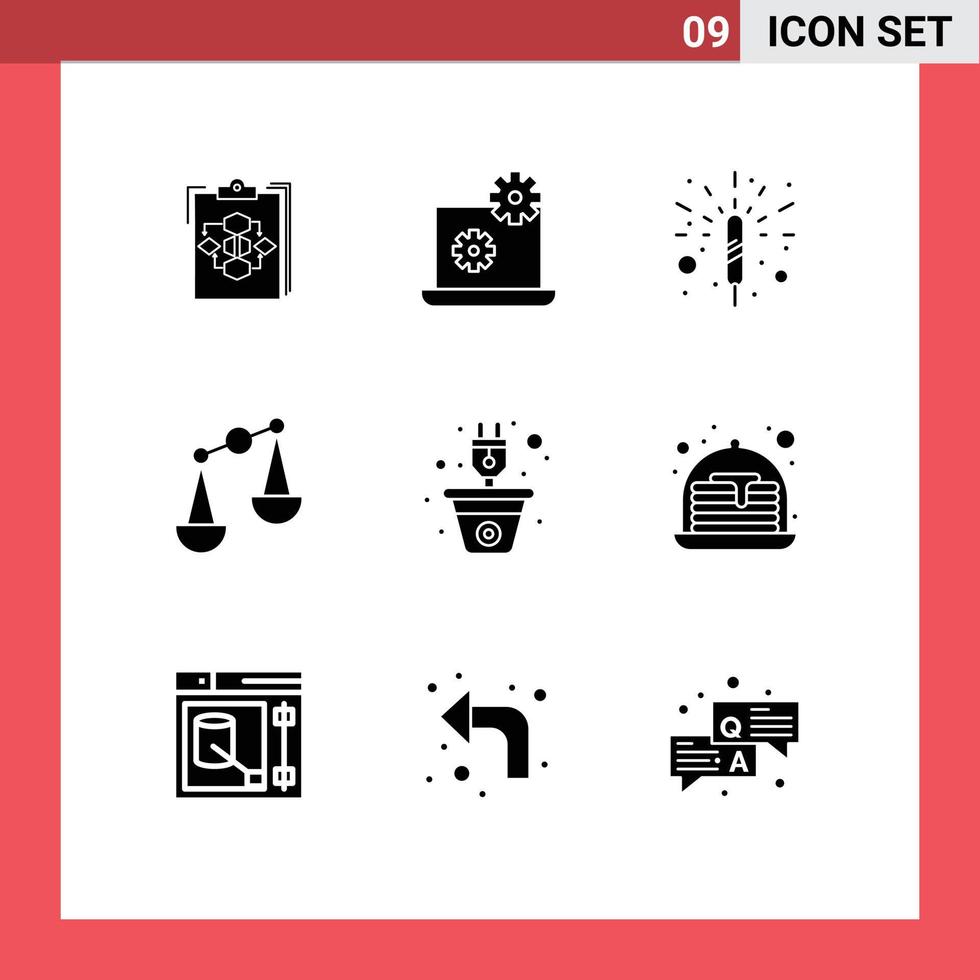 User Interface Pack of 9 Basic Solid Glyphs of plant scales gear justice spark Editable Vector Design Elements