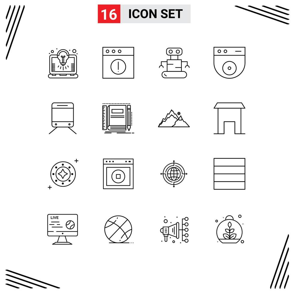 Outline Pack of 16 Universal Symbols of notebook travel robot train security Editable Vector Design Elements