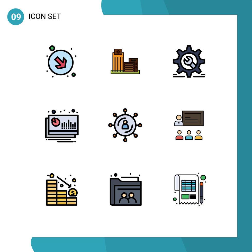 9 Thematic Vector Filledline Flat Colors and Editable Symbols of forecast financial setting chart configuration Editable Vector Design Elements
